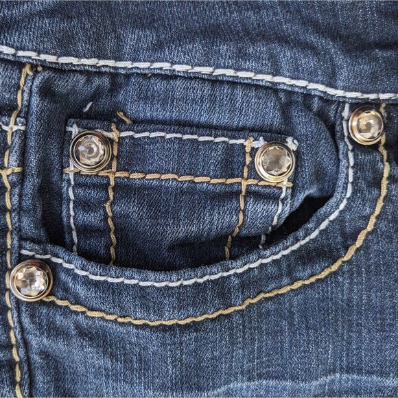 RARE Vintage Seven7 Crystal Embellished TULIP Flare Low Rise Topstitch Jeans 28 - Picture 3 of 9